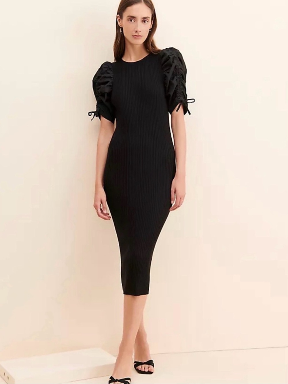Anthropologie En Saison Black Ribbed Maxi Dress with Puff Sleeves